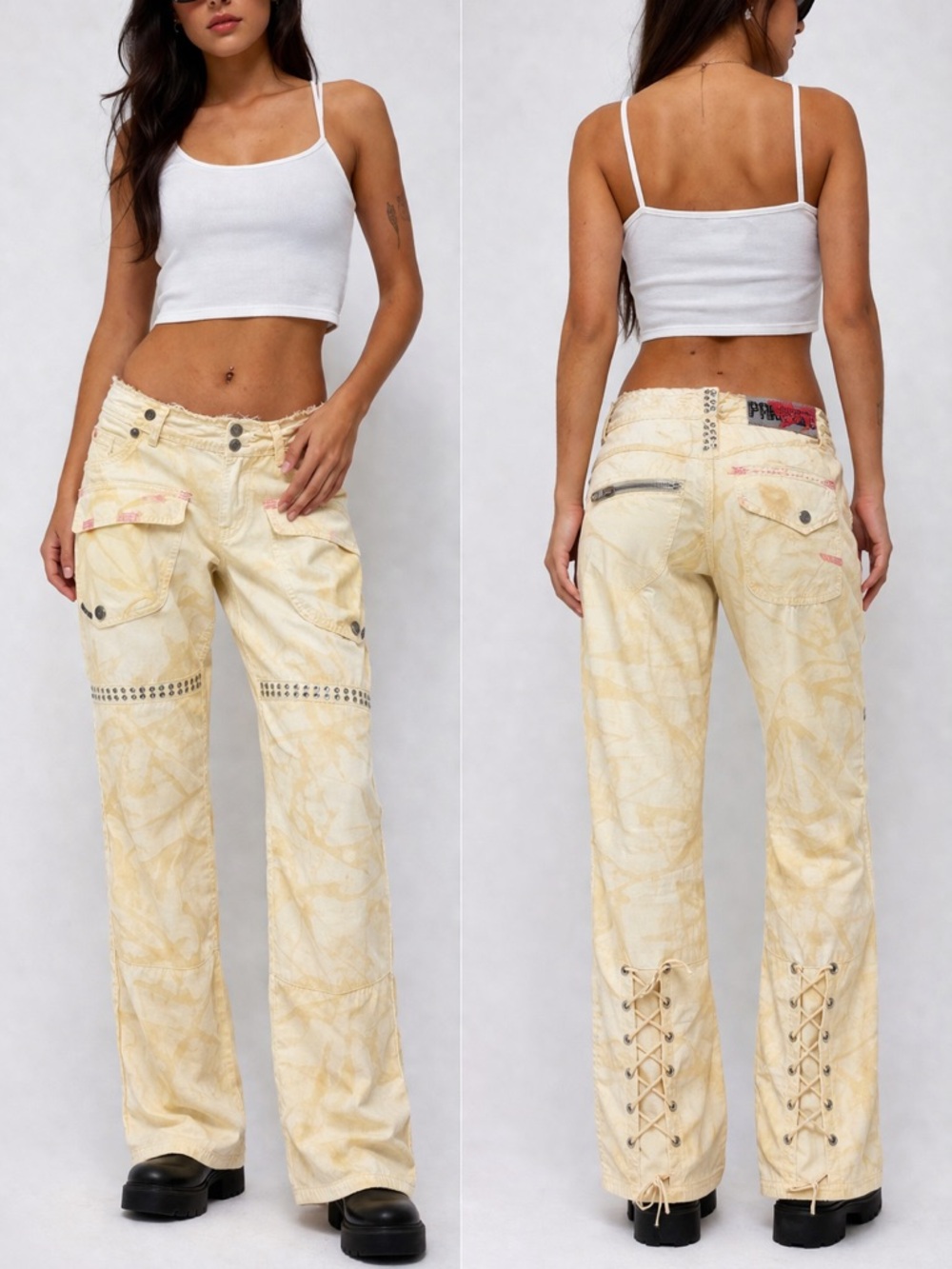 Parasuco Pale Yellow Tie-Dye Lace-Up Cargo Pants